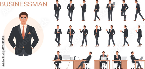 Collection of businessman poses and office scenes in flat style suit