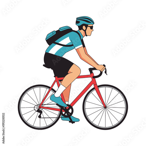 Cyclist Riding Bicycle with Backpack, Wearing Helmet and Sunglasses
