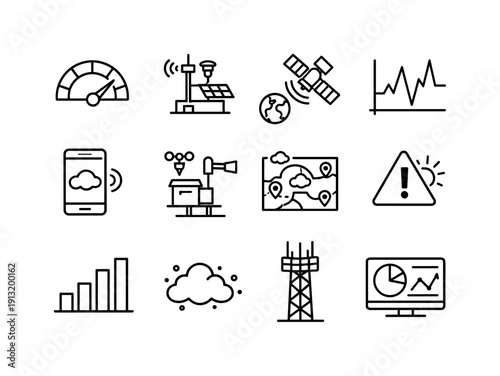 Air Quality Monitoring. Line icon set of Air Quality Monitoring: AQI gauge, sensor station, satellite scan, data chart spike, mobile air app,