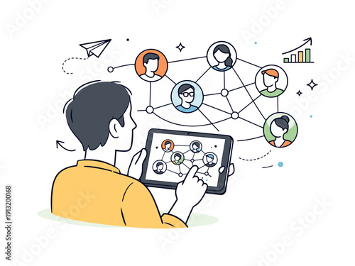 Growing freelance network. A freelancer viewing an expanding network map on a tablet, profile icons connected by soft lines, sense of