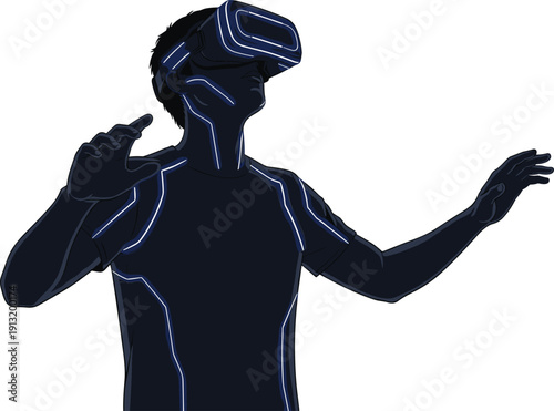 Futuristic vector illustration of person wearing virtual reality headset with glowing blue cyber lines interacting in immersive digital environment