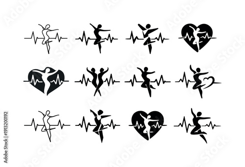 Dance cardio. Icon set. Set Logo of dance cardio: heartbeat merged with dance figure. harmonious logo variations of the same emblematic
