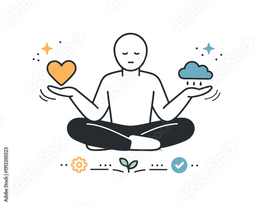 Abstract emotional labor concept. Simplified human figure balancing emotion symbols like hearts and clouds. Quiet strength, self-regulation,