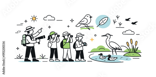 Eco-friendly bird tourism. Small group of birdwatchers following a guide in a protected habitat, maintaining distance from