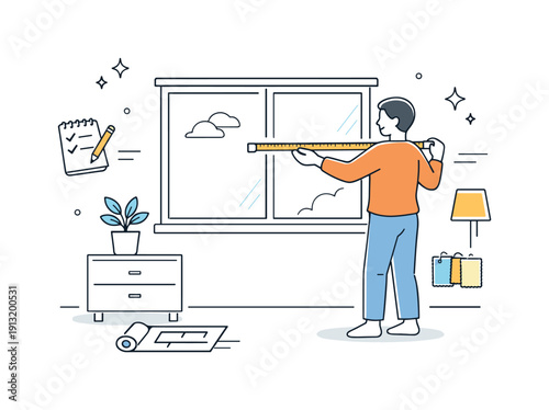 Interior update task. A person standing by a window, checking measurements before choosing curtains, calm decision-making mood. Editorial
