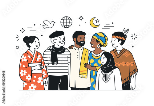Cultural diversity. People from different backgrounds standing together, calm friendly interaction and mutual respect. Traditional patterns,