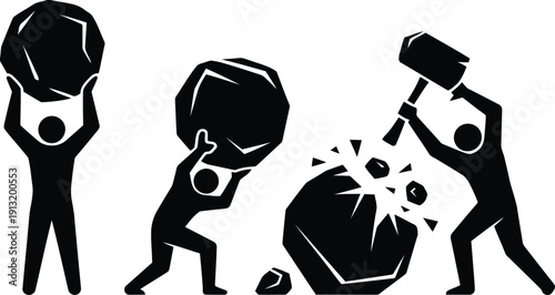 Symbolic images showing a person lifting, transporting, and demolishing a massive, fragmented rock