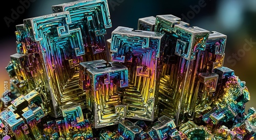 Vibrant bismuth crystal structures forming a colorful geometric pattern, showcasing intricate details and iridescent hues in a macro view