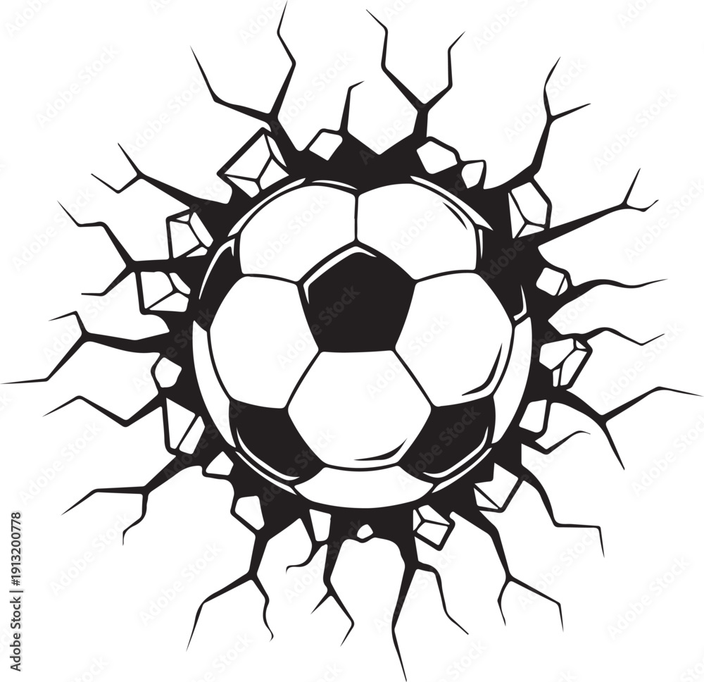 Fototapeta premium Soccer Ball Breaking Wall Line Art Vector Illustration of Powerful Football Impact