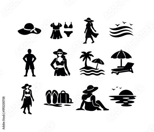 Beachwear Icon Set. Beachwear Style. Solid icon set of Beachwear Style: straw sunhat, beach outfit, seaside walk, ocean breeze lines, relaxed stance, summer