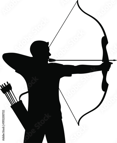 Archer silhouette vector illustration, black profile design with bow and arrow, quiver, focus posture, and sports artwork