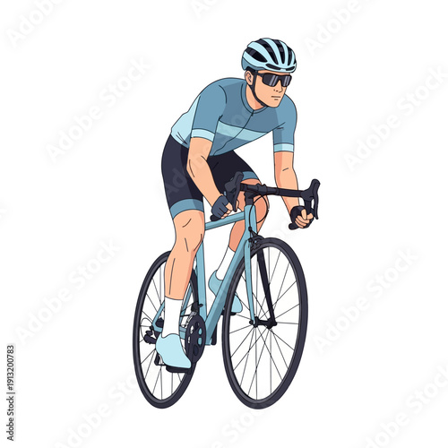 Male cyclist in blue kit riding a road bike, graphic illustration