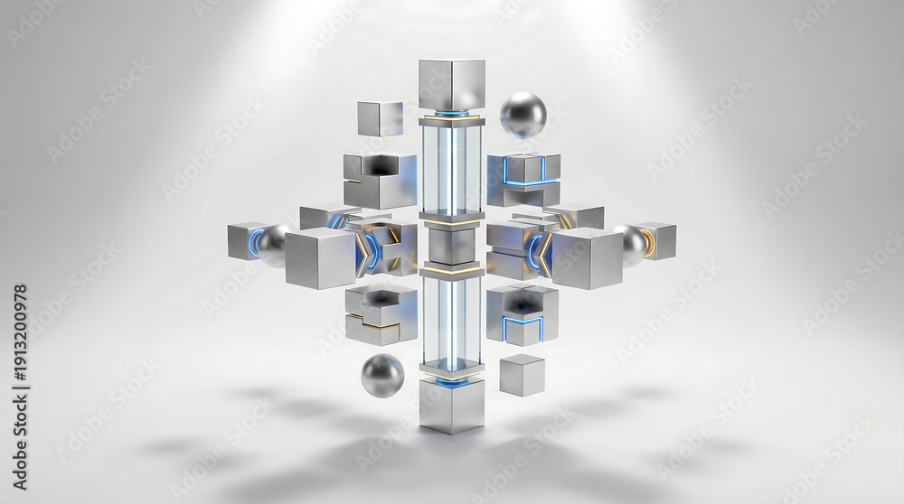 Obraz premium Modern metallic 3D structure with glowing blue lines and cubes