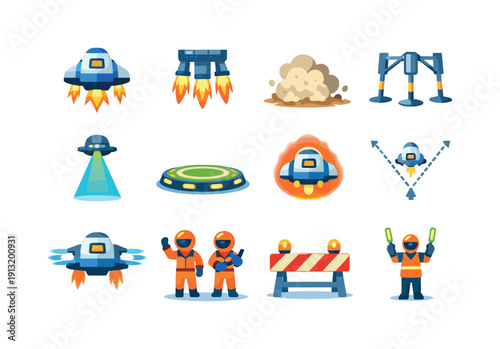 Spaceship Landing. Colorful flat vector icons set of Spaceship Landing: descending ship, landing thrusters, touchdown dust, landing legs,
