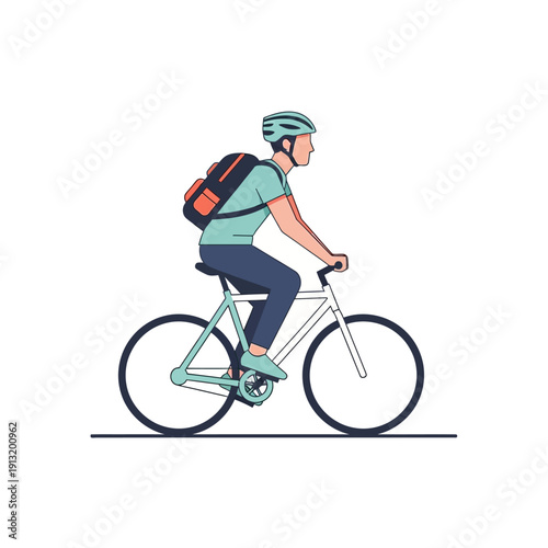 Man riding bicycle with backpack and helmet, vector illustration