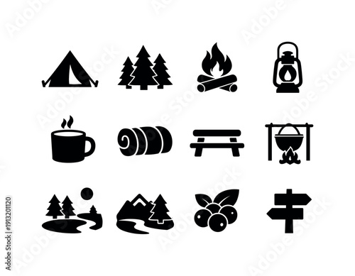 Camping Icon Set. Camping in the Woods. Solid icon set of Camping in the Woods: tent, pine forest, campfire with logs, lantern, camping mug, rolled sleeping