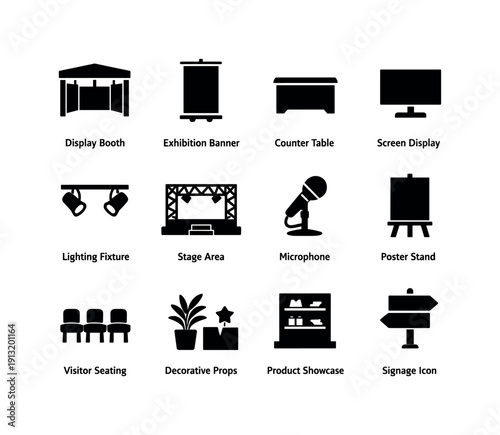 Event Booth Icon Set. Event Booth. Solid icon set of Event Booth: display booth, exhibition banner, counter table, screen display, lighting fixture, stage