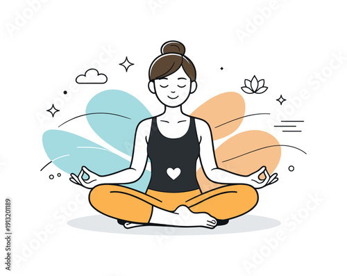Mindful Movement Illustration. Mindful movement practice. A calm scene of a person doing yoga or pilates, centered and relaxed. Inner calm, flexibility, and