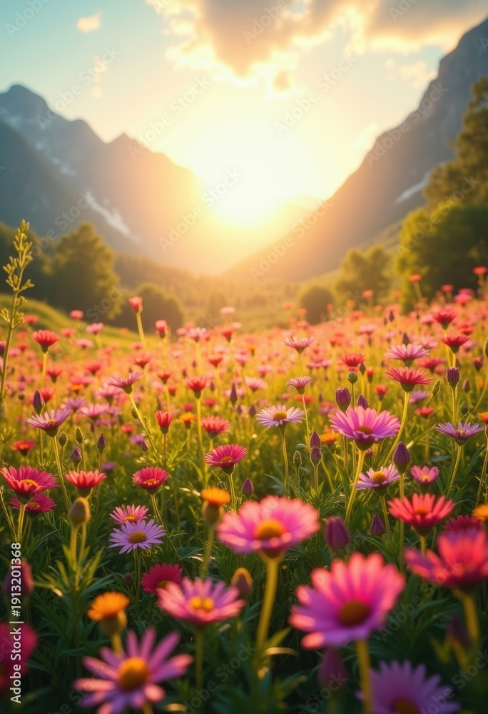 Fototapeta premium Colorful Spring Flower Meadow Bursting with Life Bright Sunny Day Joyful Nature Scene