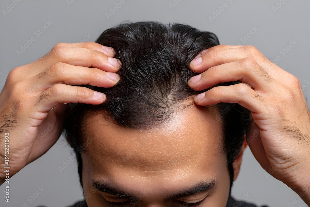 Fototapeta premium Close-up of a man’s head, showing visible hair loss and receding hairline. He is touching his head with both hands, expressing worry or stress related to balding.hair loss, stress, thinning hair