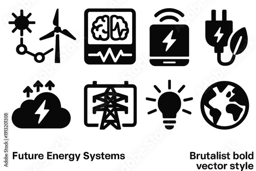Bold Energy Icons. Future Energy Systems silhouette set: renewable network, AI energy monitor, smart inverter, eco charger, power data cloud, grid connection, light rays, planet