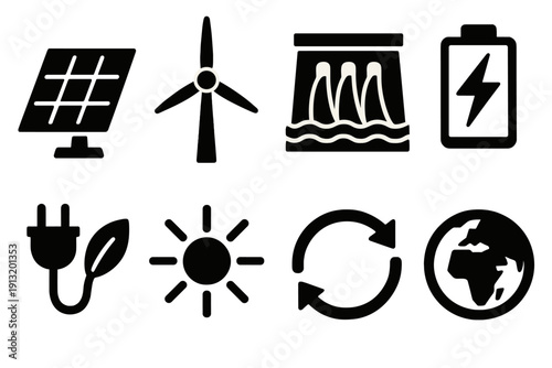 Brutalist Renewable Icons. Renewable Systems silhouette set: solar panel, wind turbine, hydroelectric dam, eco battery, green plug, sunlight rays, energy loop, planet earth
