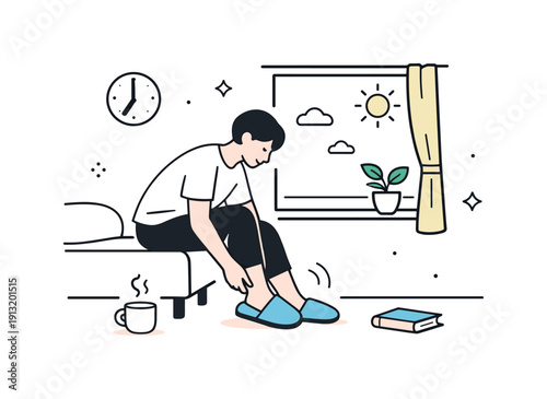 Morning at home in slippers. A simple scene of a person putting on slippers near a window, starting the day slowly and comfortably. The