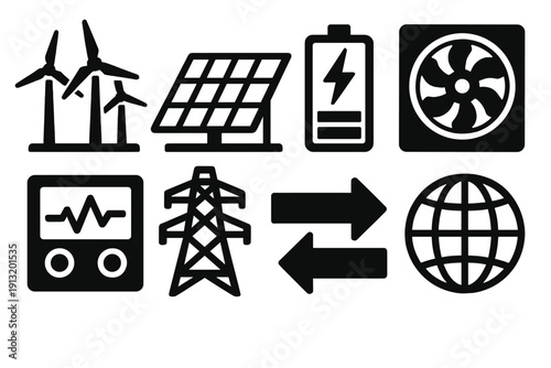 Eco Infrastructure Icons. Eco Infrastructure silhouette set: wind farm, solar field, battery storage, water turbine, control panel, transmission tower, energy flow arrows, global