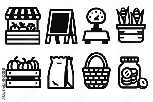 Brutalist Market Icons. Market Stalls silhouette set: produce stand, chalkboard sign, scale, corn basket, pumpkin crate, paper bag, wicker basket, coin jar