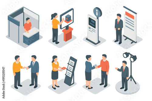 Trade Show Icons. Trade Show Engagementset icons in modern isometric flat vector style: exhibition booth, product demo, business cards exchange, information stand, banner display,