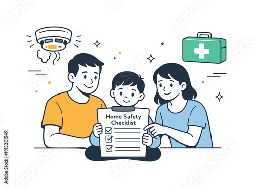 Indoor safety awareness. A family calmly reviewing a home safety checklist together, icons of smoke detector and first aid kit floating