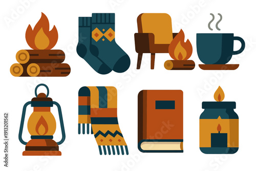 Cozy Winter Icons. Winter Warmth in geometric flat style: firewood, wool socks, chair by fire, cup of tea, lantern, knit scarf, book, candle jar
