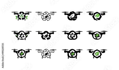 Drones used for environmental conservation. Icon set. Set Logo of drones used for environmental conservation: drone with recycling and nature