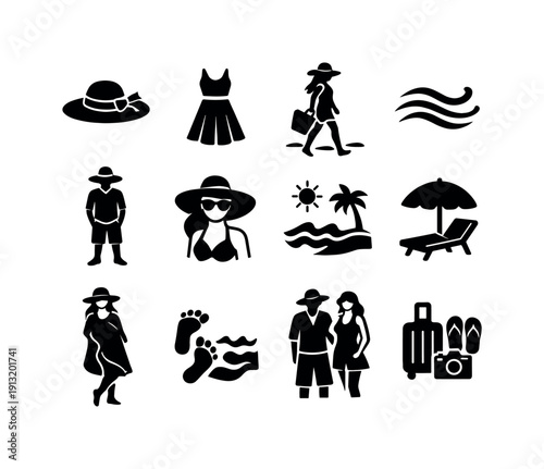 Beachwear Icon Set. Beachwear Style. Solid icon set of Beachwear Style: straw sunhat, beach outfit, seaside walk, ocean breeze lines, relaxed stance, summer