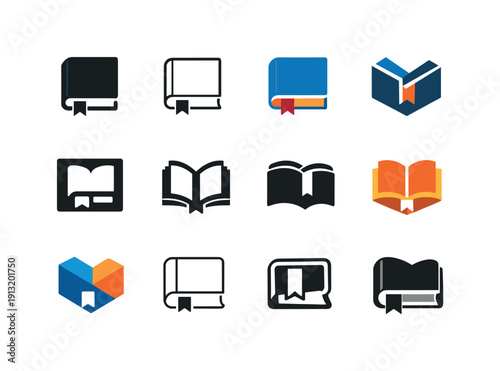 bedside book. Icon set. Set Logo of bedside book: closed book with bookmark. harmonious logo variations of the same emblematic concept, each
