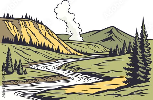 Mammoth Hot Springs Travertine Terraces and Mineral Deposits. Morning Glory Pool with Deep Blue Thermal Water. Grizzly Bear Foraging in Hayden Valley Wilderness. Yellowstone Lake Shoreline with Jagged