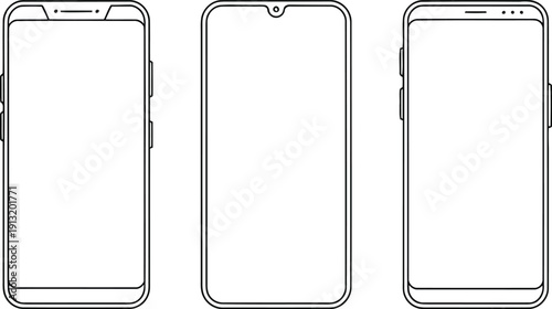 Three distinct modern smartphone outlines showcasing various screen notch and front camera display designs