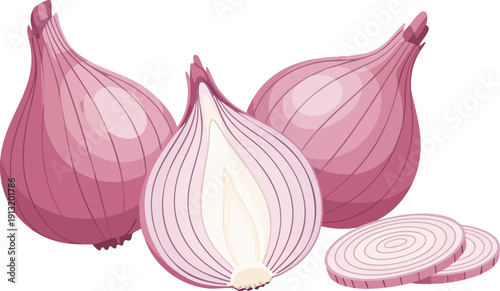 Illustration of fresh red onions, one whole and one halved, with sliced rings, showcasing their layered texture and vibrant color