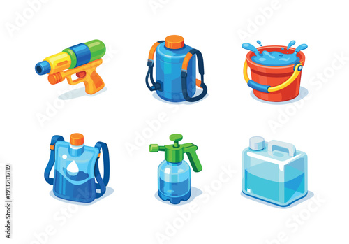Festival water gear. Isometric flat vector icons set of festival water gear: plastic water gun, refill water tank, splash bucket with handle,
