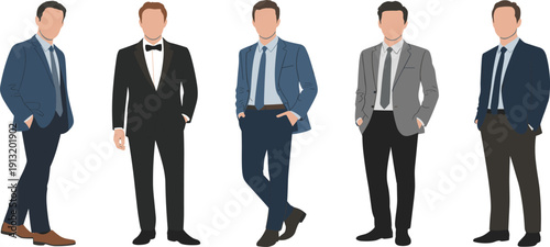 Five men in suits and formal wear standing against a white background business fashion