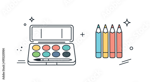 Minimal art supplies composition. A single set of paints and pencils arranged in open space, emphasizing simplicity and aesthetic balance.
