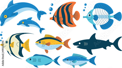 Cute cartoon marine life vector collection with dolphins sharks and tropical fish for children educational and ocean designs.