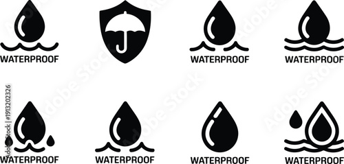 Variety of black waterproof symbols including droplets, a shield with umbrella, and wavy lines