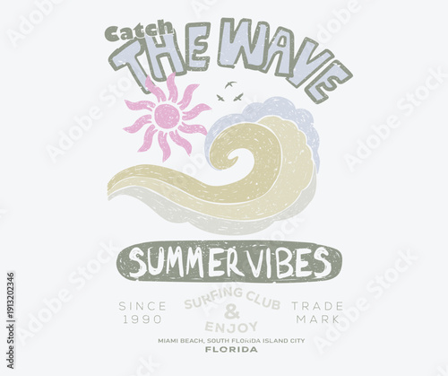 Sunshine paradise artwork. Happiness comes in wave. Summer good vibes vector graphic design for apparel, stickers, posters, background and others. Abstract wave artwork. 