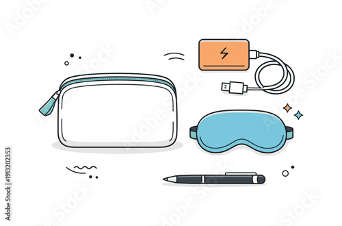 Minimalist Travel Gear. Packing flat lay scene. A soft view of travel gear like a toiletry pouch, portable charger, sleep mask, and pen placed casually yet