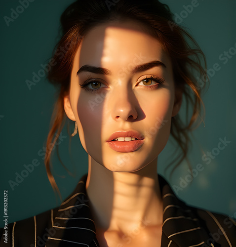portrait of a young woman in the room, with curly hair. she is looking off to the side with a thoughtful expression on her face. she appears to be in a