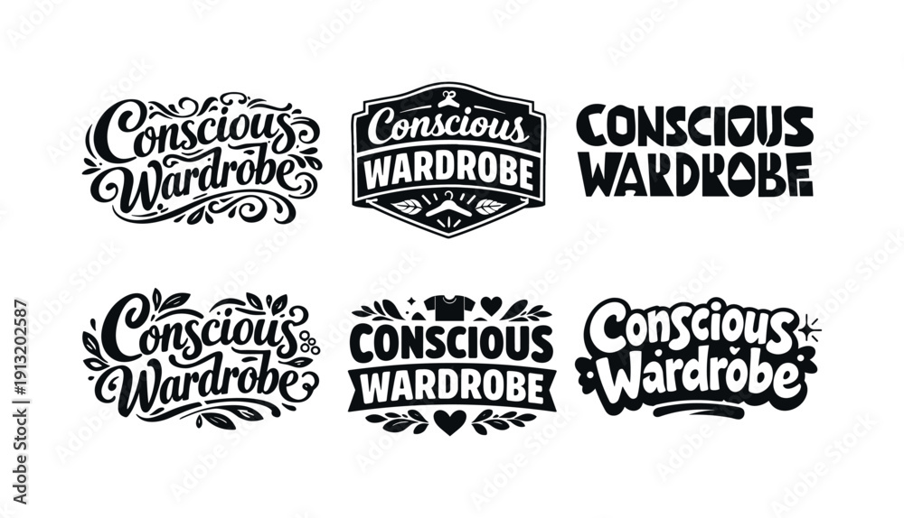 Obraz premium Conscious wardrobe lettering. Set lettering. harmonious lettering variations of the same emblematic concept, each with different artistic