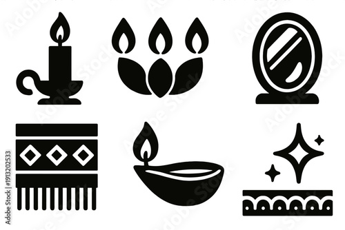 Festive Candle Icons. Festive Candle Decor silhouette set: candle holder, triple flame, flower petals, reflection mirror, patterned cloth, diya lamp, decorative border, sparkle
