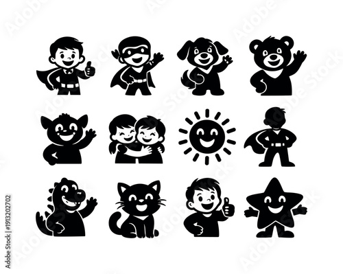 Friendly Cartoon Heroes. Friendly cartoon hero. Solid icon set of Friendly cartoon hero: smiling cartoon character, waving hero, kind animal character,