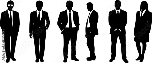 Six black silhouette figures of business people in suits and ties on a white background